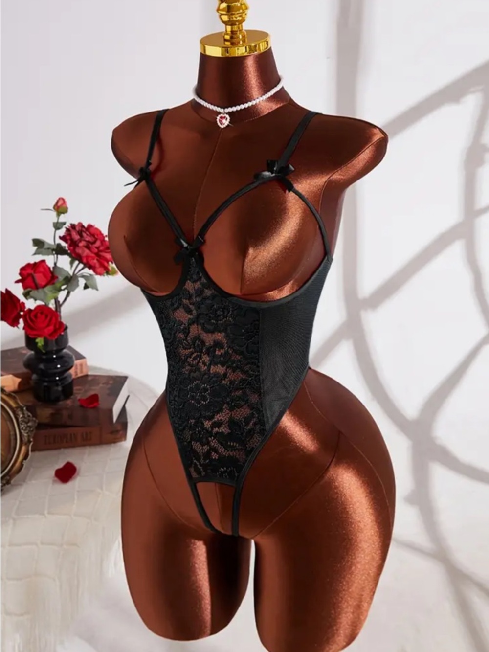 Sheer Lace Cut-Out Teddy Bodysuit in Black